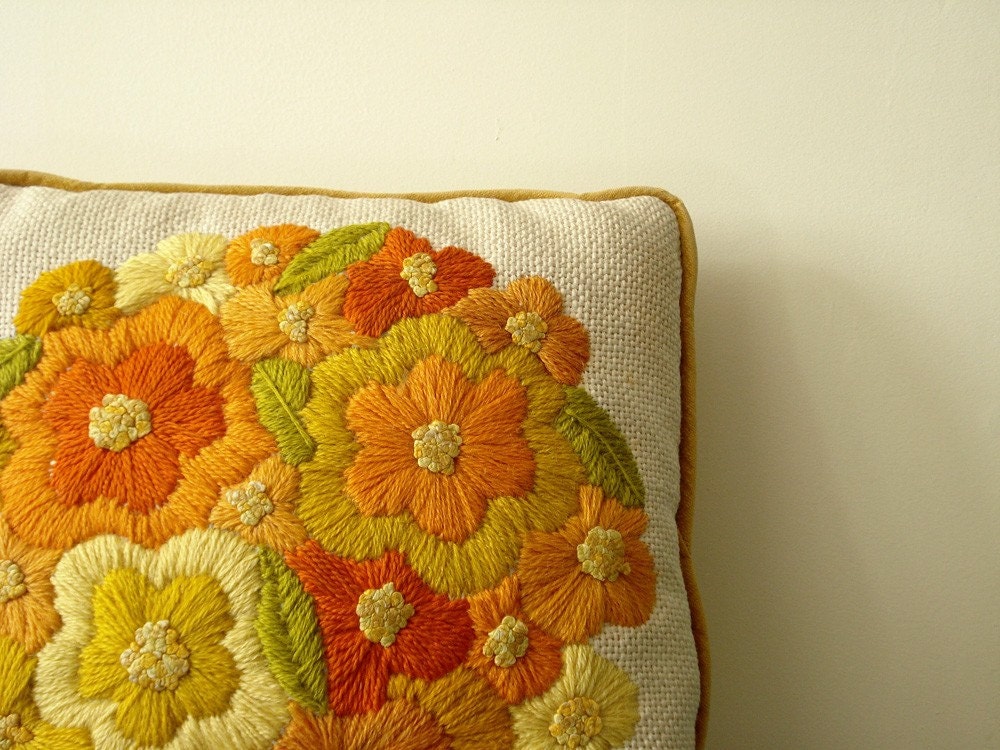 Vintage Embroidered Flowers Throw Pillow
