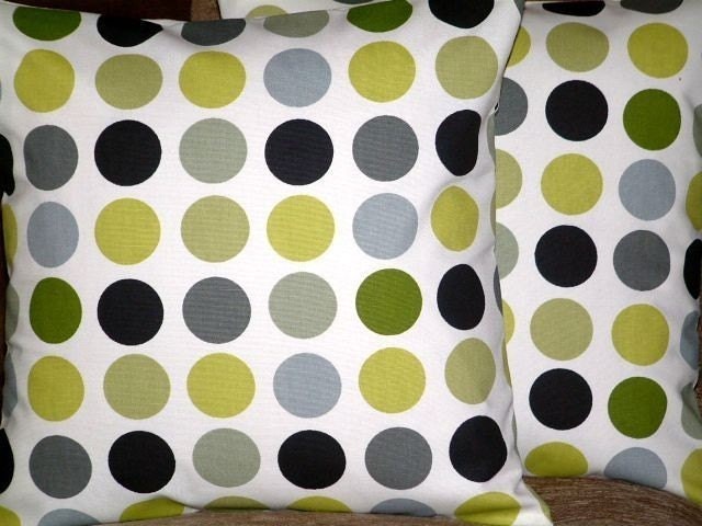 Two New 16 inch Handmade Kiwi Green Black Grey Spots Print Design Funky Contemporary Designer Retro Pillow Cases,Cushion Covers,Pillow Covers,Throw Pillow,NEW FABRIC
