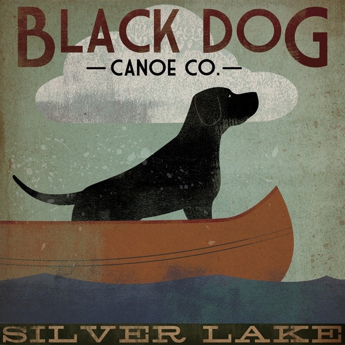 SILVER LAKE BLACK DOG Canoe Company Giclee Print 12x12 Signed
