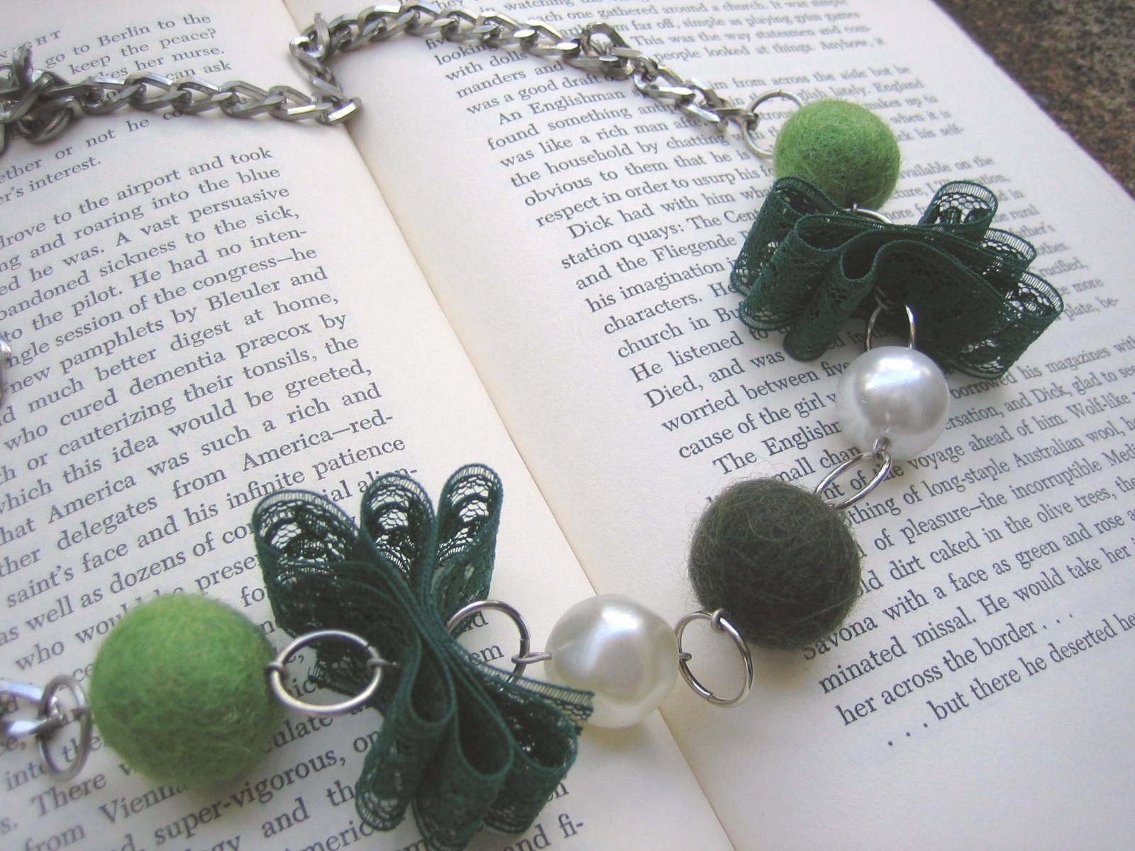Unique Bead and Lace Necklace (Moss Green) - Recycled Vintage Chain, Beads and Lace, Handmade Felted Wool Beads in Shades of Green