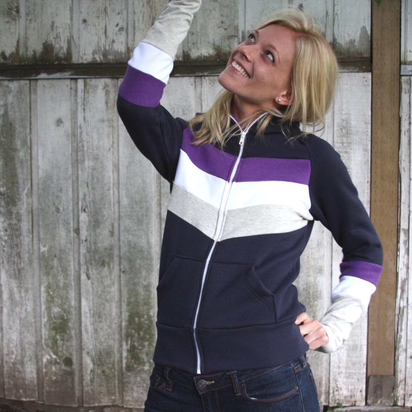 Modern Royalty Hoodie...in navy blue, with purple, white and oatmeal ... size small to medium