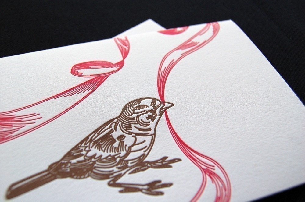 letterpress cards, bird with ribbon, set