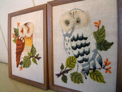 Set of Embroidered Crewel Owls