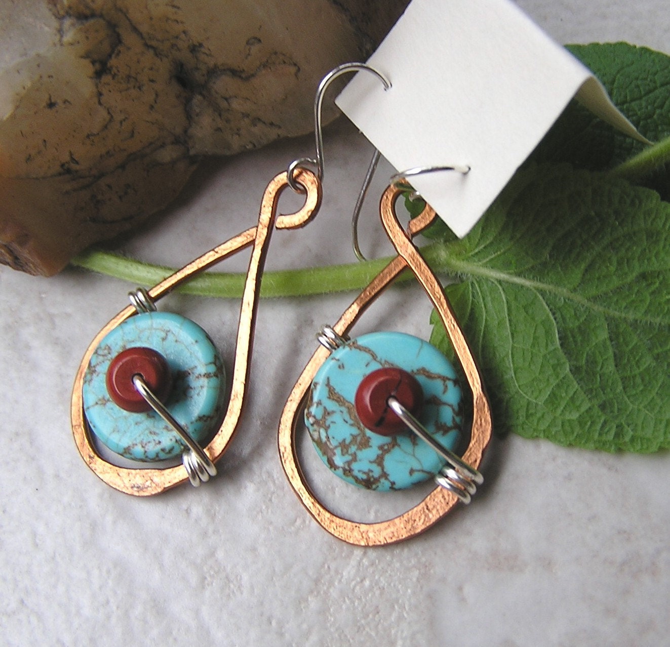 Desert Country hammered copper earrings with turquoise and red jasper