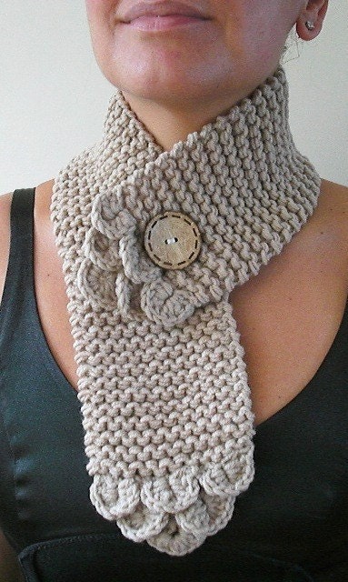 CASUAL , beige Hand  Knitting Scarf, Crochet neckwarmer with coconut button , Artist Own Design by ebruk, Beige Aquarius Color