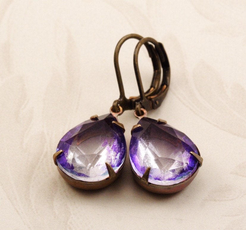 Vintage Glass Jewel Earrings - Amethyst Two Tone
