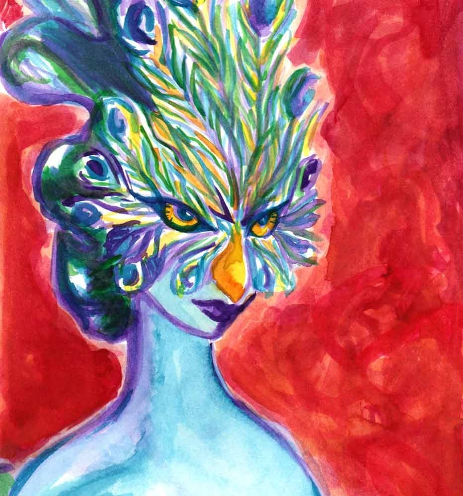 Peacock Confusion in Viridian and Violet Faecourt Masquerade Original Watercolor