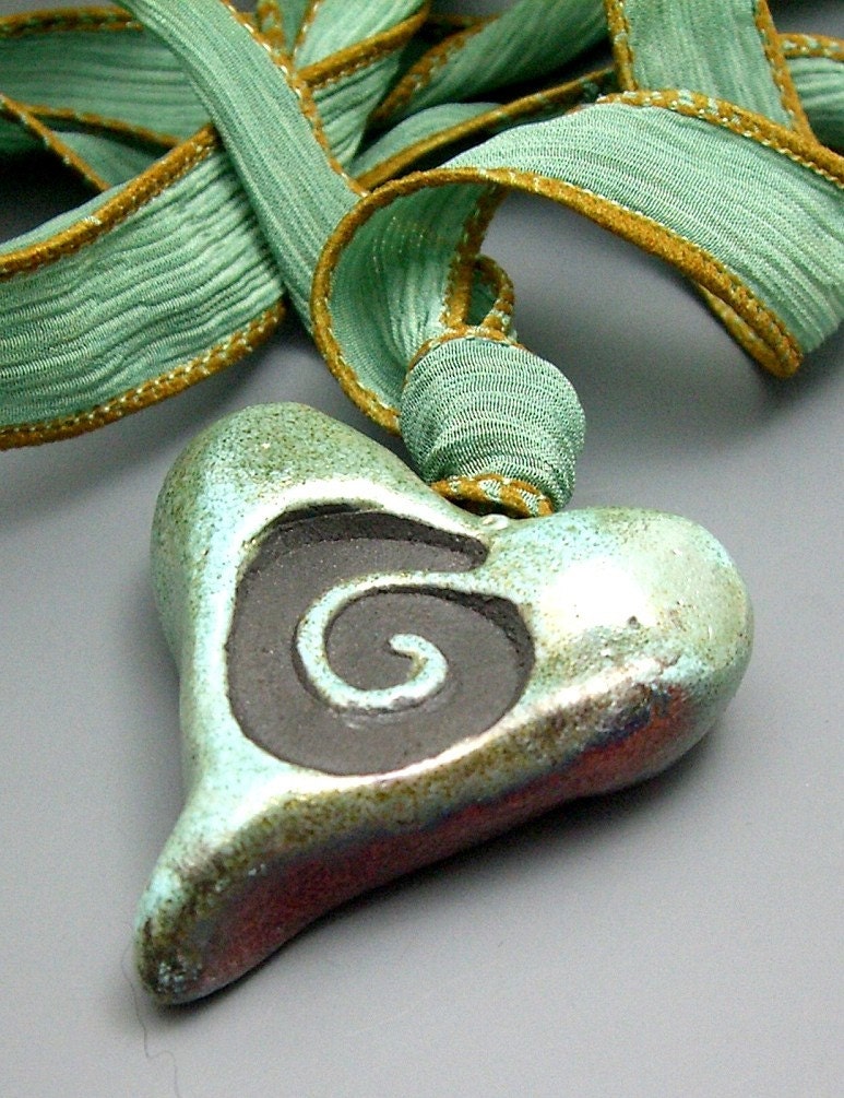 Aqua Raku Heart Swirl Pendant Raku Ceramic Jewelry by MAKUstudio