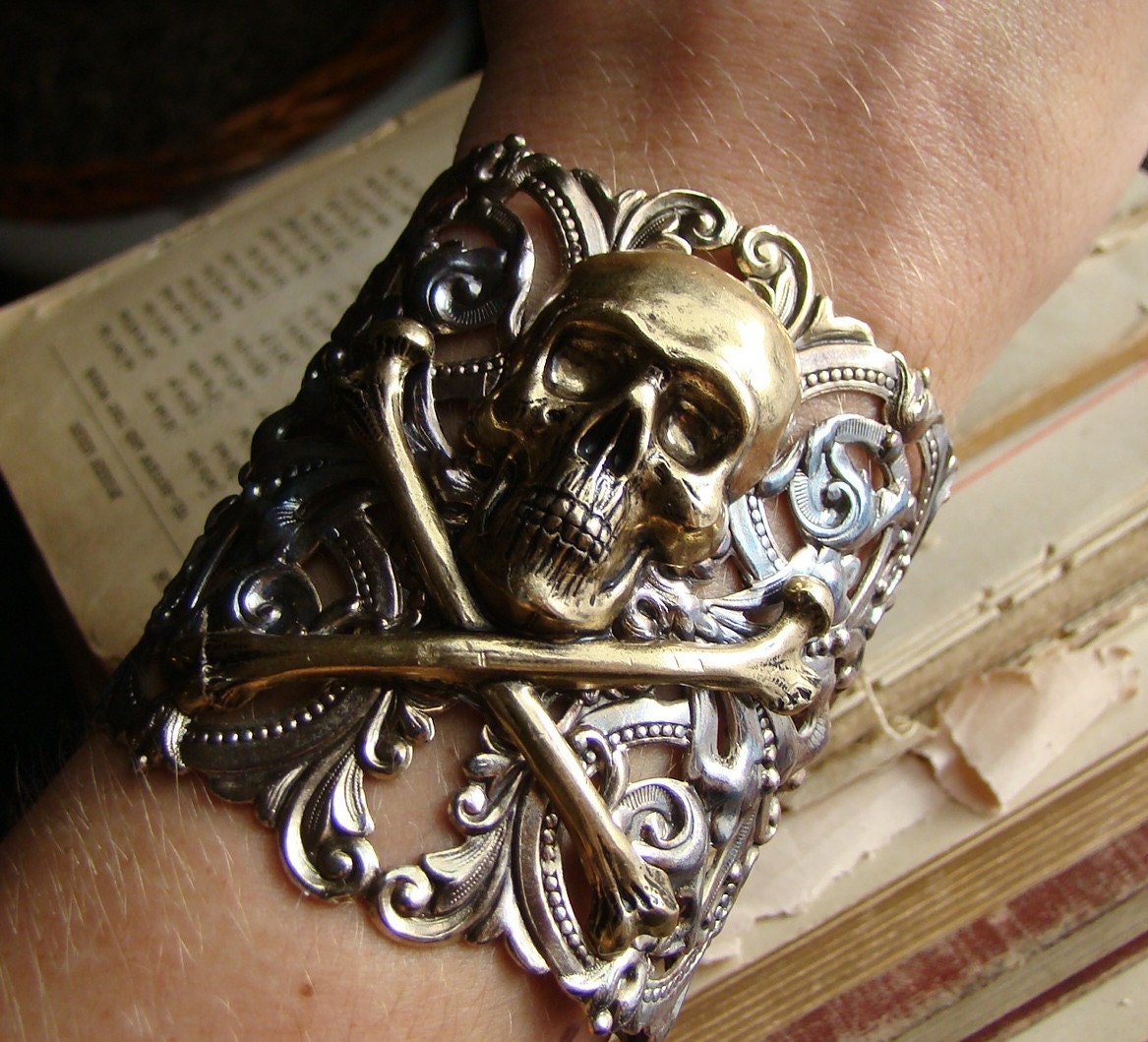 Bones - Victorian Brass Skull and Cross Bones Wide Metal Cuff Bracelet