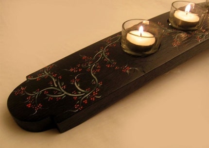 The Verry-Berry, Hand Painted, Finest Oak Wine Barrel Stave Candle Holder, 5 candles, elegantly recycled wood, one of a kind.