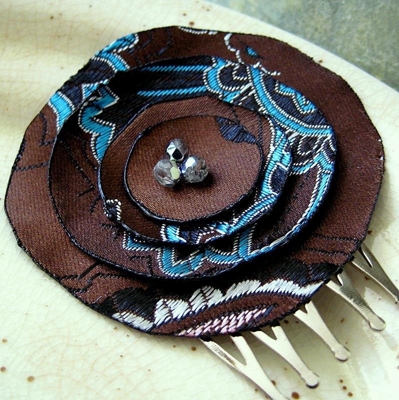 Chocolate Brown and Turquoise Brocade Flower by littlebrownbird