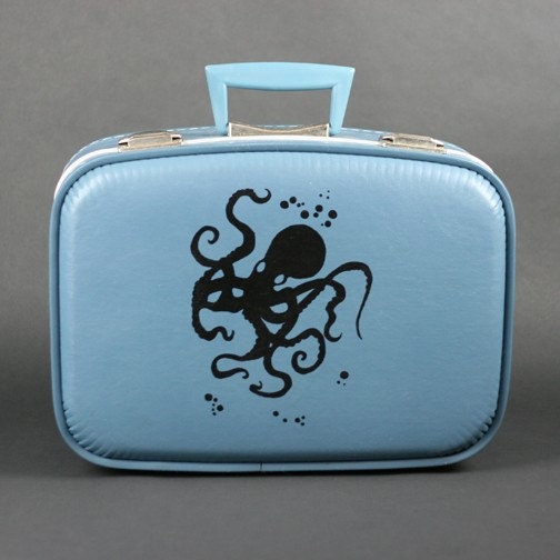OCTOPUS- Vintage blue suitcase with hand printed Octopus