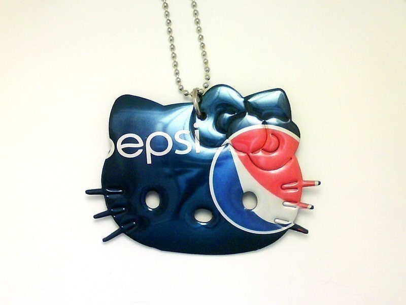 PEPSI COLA HELLO KITTY NECKLACE Funky Junq Recycled Aluminum Soda Pop Can Art