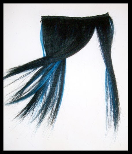 Jet Black/Electric Blue HUMAN HAIR clip in fake FRINGE Bangs. From Vivka