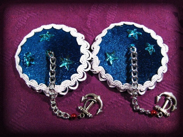 Boobies Ahoy--  Blue Sparkly Star and Anchor  Nautical Nipple Pasties with Kit