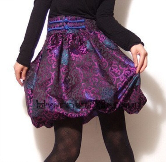 Purple Embroidered Silk Brocade Puff Skirt High Waisted Multicolour Bubble Hem FREE SHIPPING International