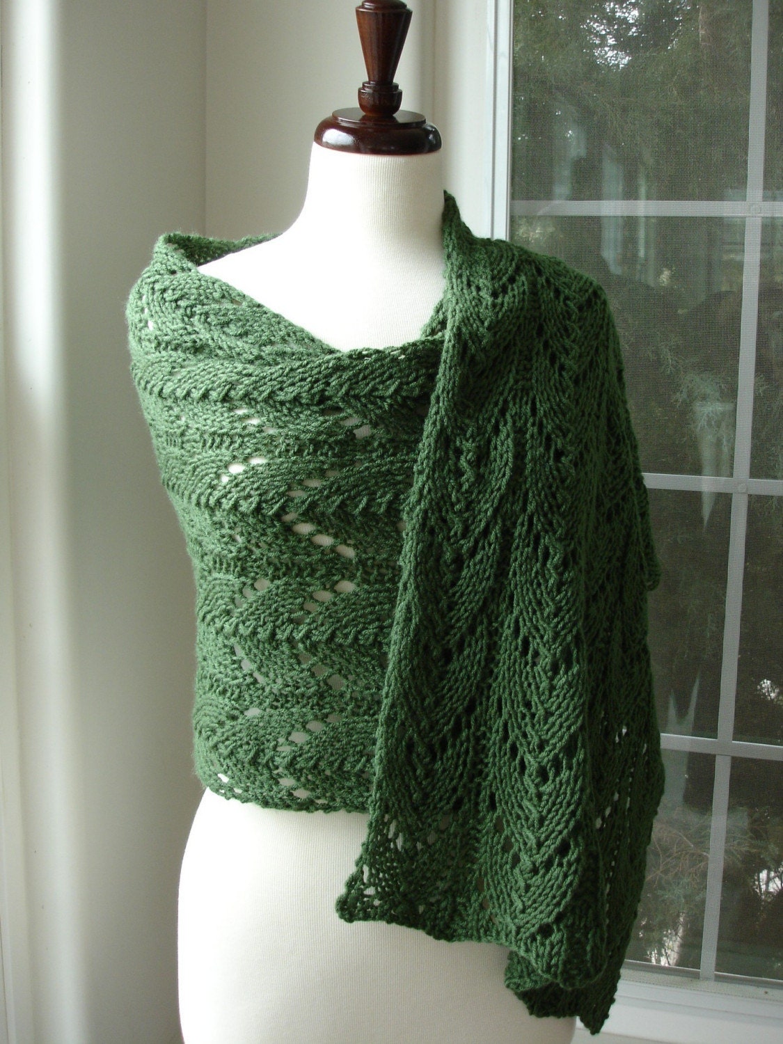 Hand knit lace Shawl in beautiful Thyme Green