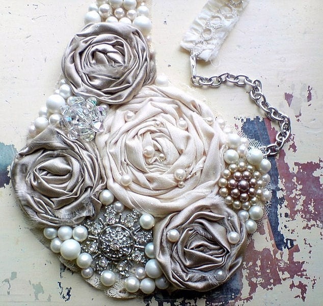 Romantic silver screen star statement rosette bib necklace, gray/silver shimmer - a Design for Mankind pick