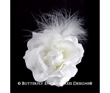 White Rose Flower Feather Bridal Hair Clip