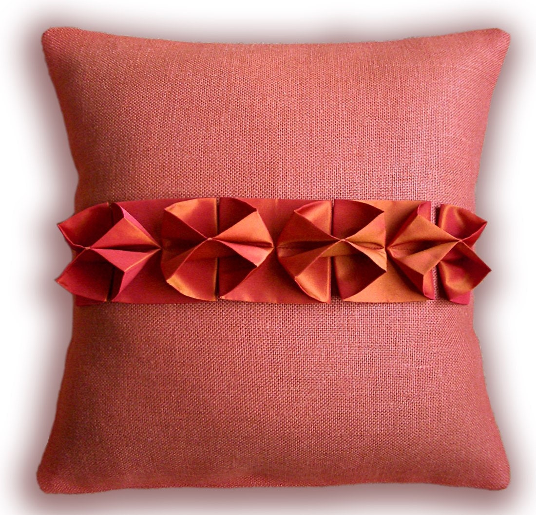 LAVERNE CUSHION New 16 inch Smocked Linen And Taffeta Pillow Cover in Terracotta