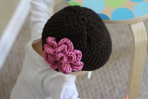 Hand Crocheted Chocolate Brown Baby Hat with Pink Accent Flower Size 0-3 Months