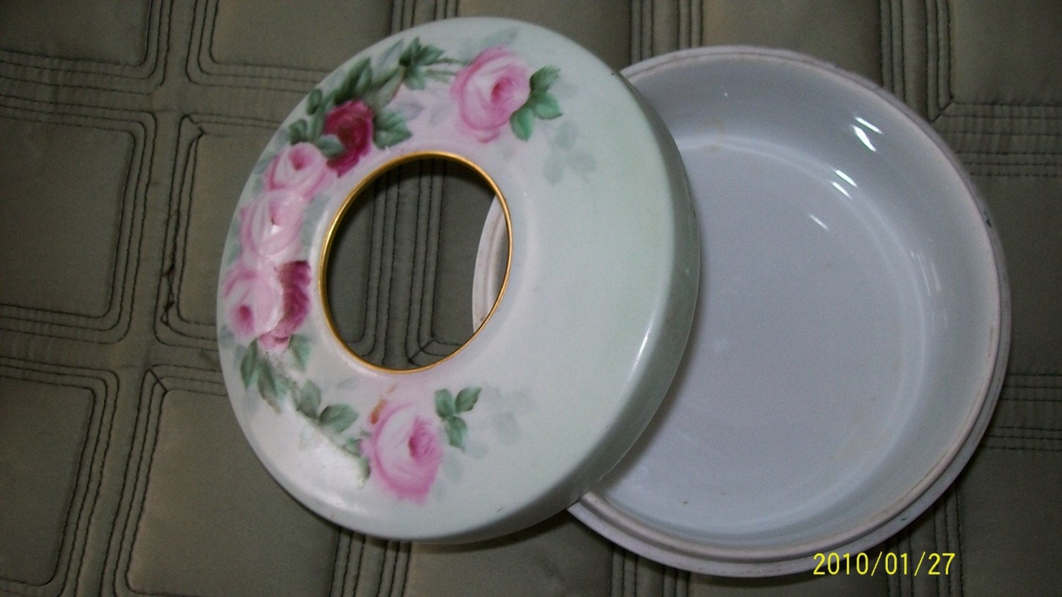 Vintage Hair Receiver dish with Pink Roses