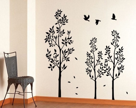Three Trees with Birds---Wall Art Home Decor Murals Vinyl Decals Stickers 
