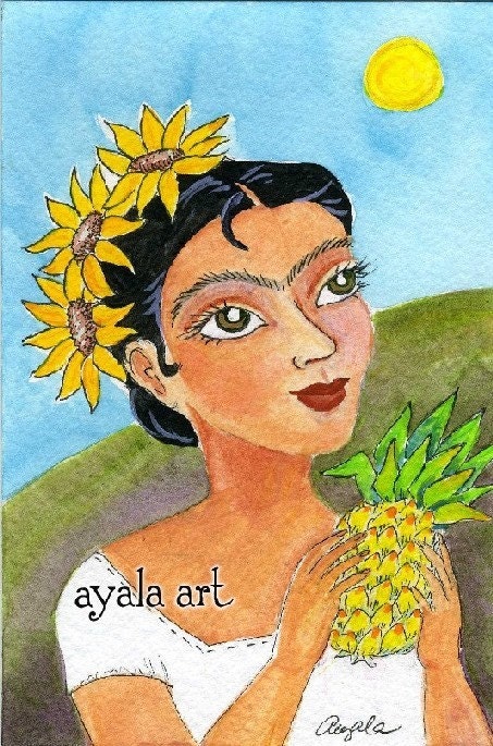 Frida Kahlo . Original Watercolor Art Card 4x6 Pineapple