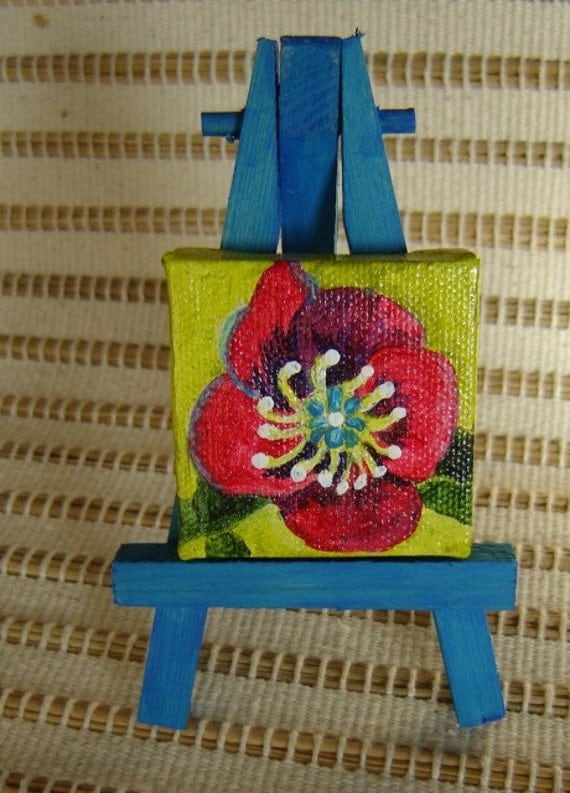 Le Petite Poppy Original Acrylic  2 x 2 Painting with Blue  Wooden Easel