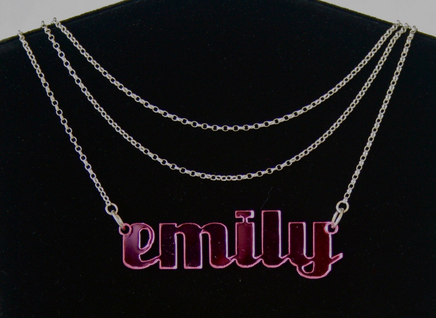 Lovely Curvy Custom Name Necklace - triple sterling silver chain -  wood or acrylic