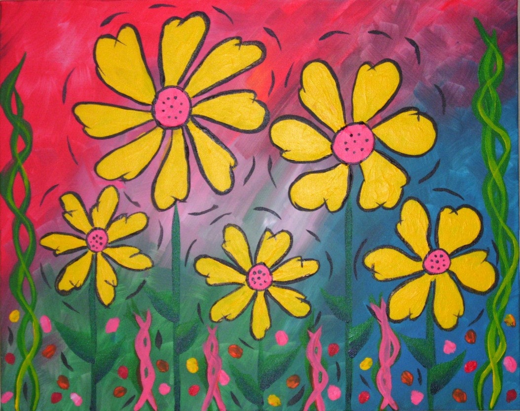 HUGE SALE Original Whimsical Painting on Canvas 20x16  Whimsical Wildflowers 6