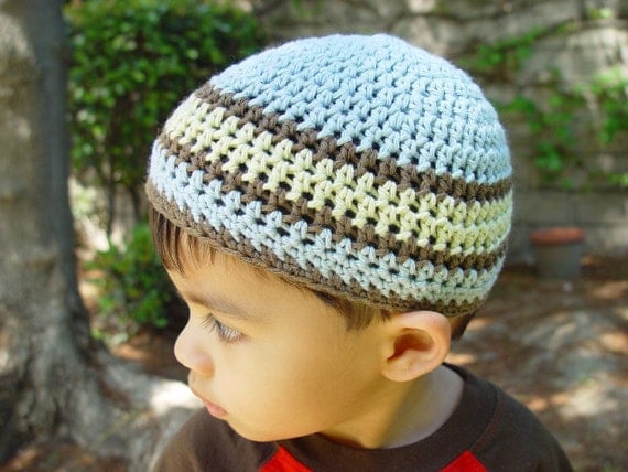 Organic cotton striped kufi, skullcap. For boys aged 1-4 yrs.