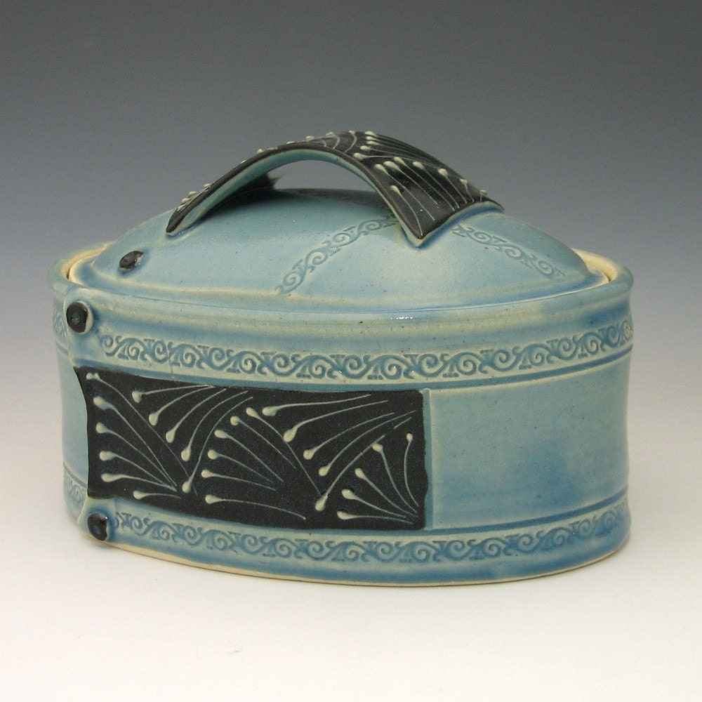 Oval Lidded treasure trinket box in Blue and Black