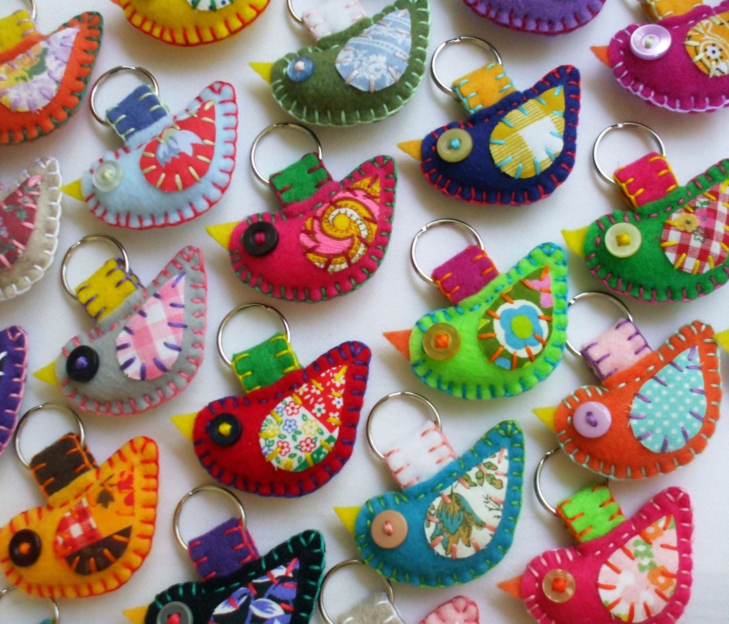 WHOLESALE LOT of 8 Eco Friendly Felt Bird Keychains Embroidery