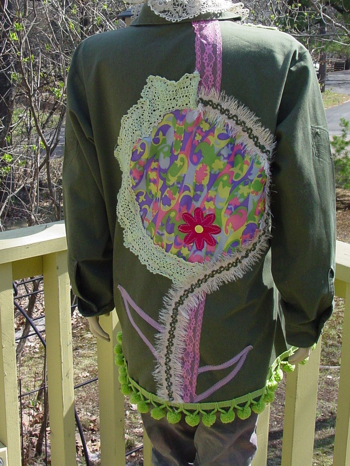 alerted OOAK vintage military jacket by recycled artist C.Reinke. FLOWER POWER
