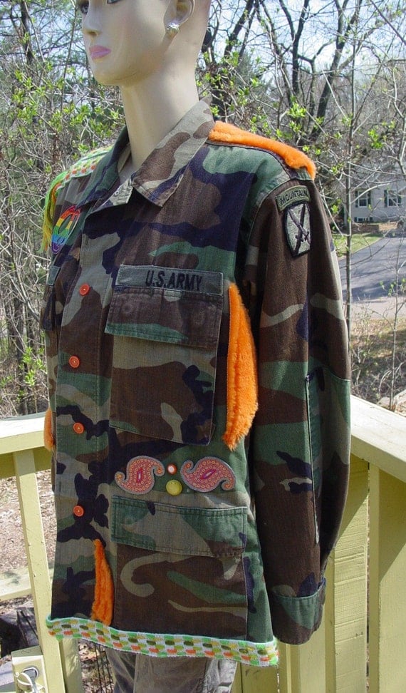 Altered PEACE military US ARMY jacket with vintage 60's trim and fur OOAK