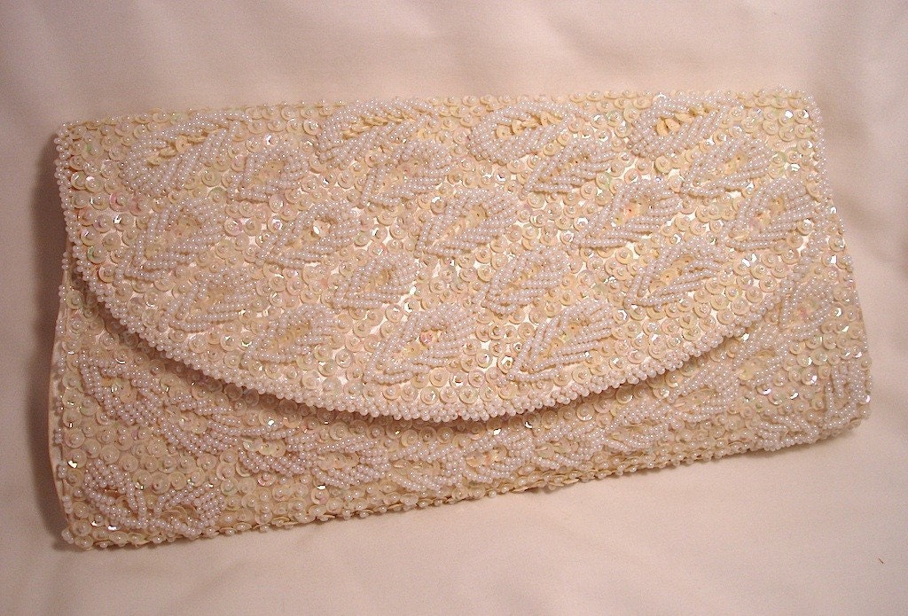 White Beaded and Sequin Vintage Clutch, by Ganson