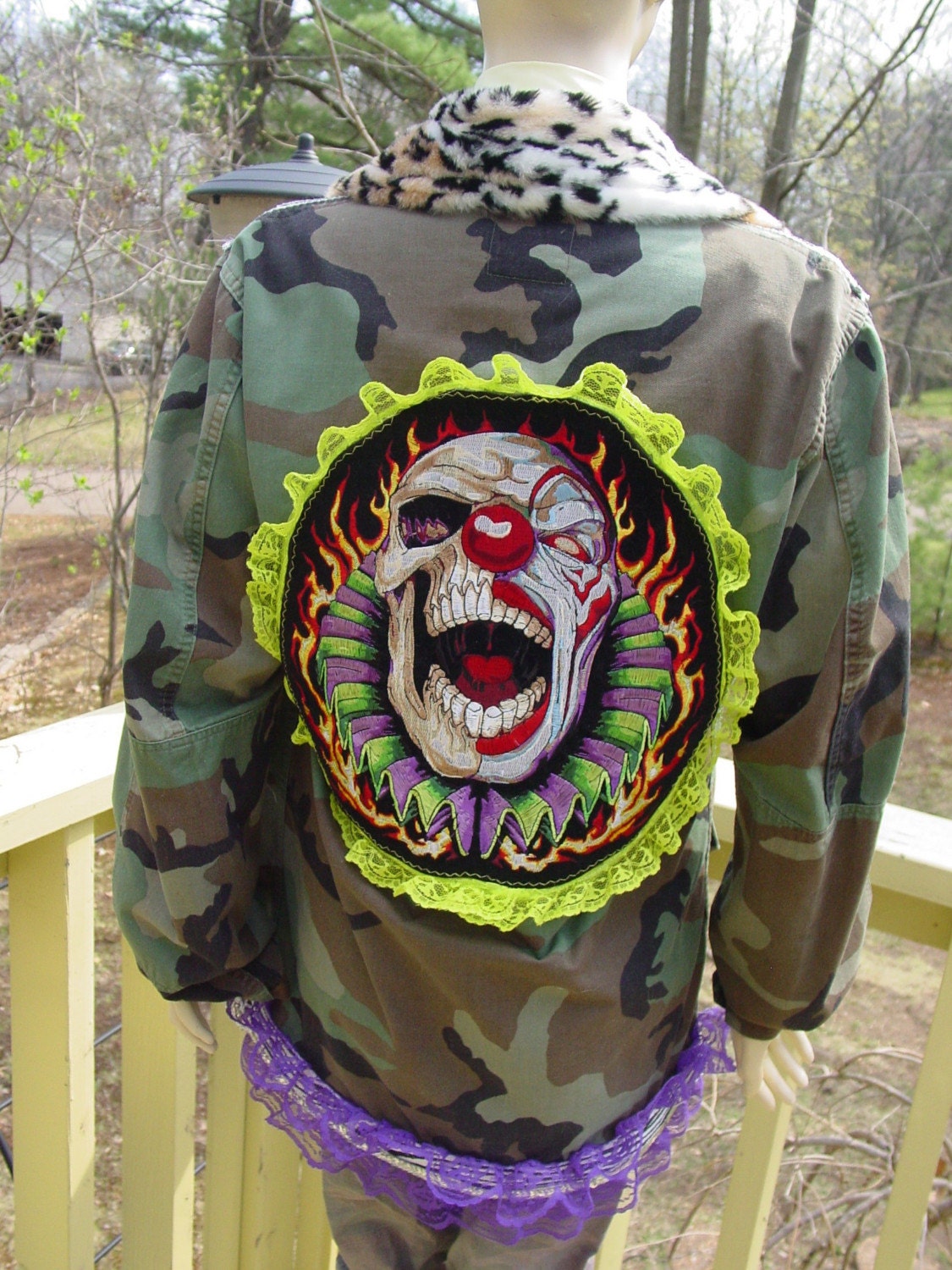 altered army jacket Killer CIRCUS clown vintage trims, buttons, faux fur OOAK by C. Reinke