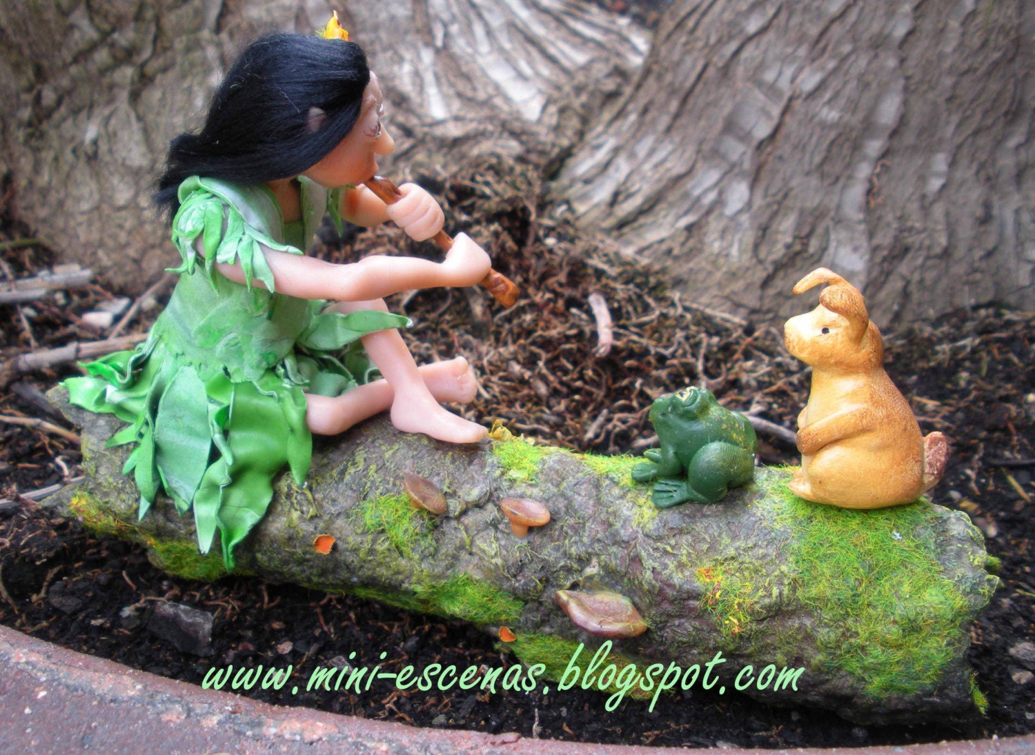 The Flutist Elf, OOAK miniature Fantasy for mini garden or dollhouse