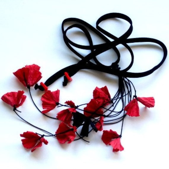 paper necklace, paper jewelry,  red flower necklace