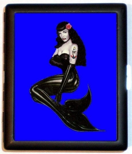bettie page mermaid. Bettie Page Mermaid with Pink Rose ID or Wallet or Cigarette Case SHS