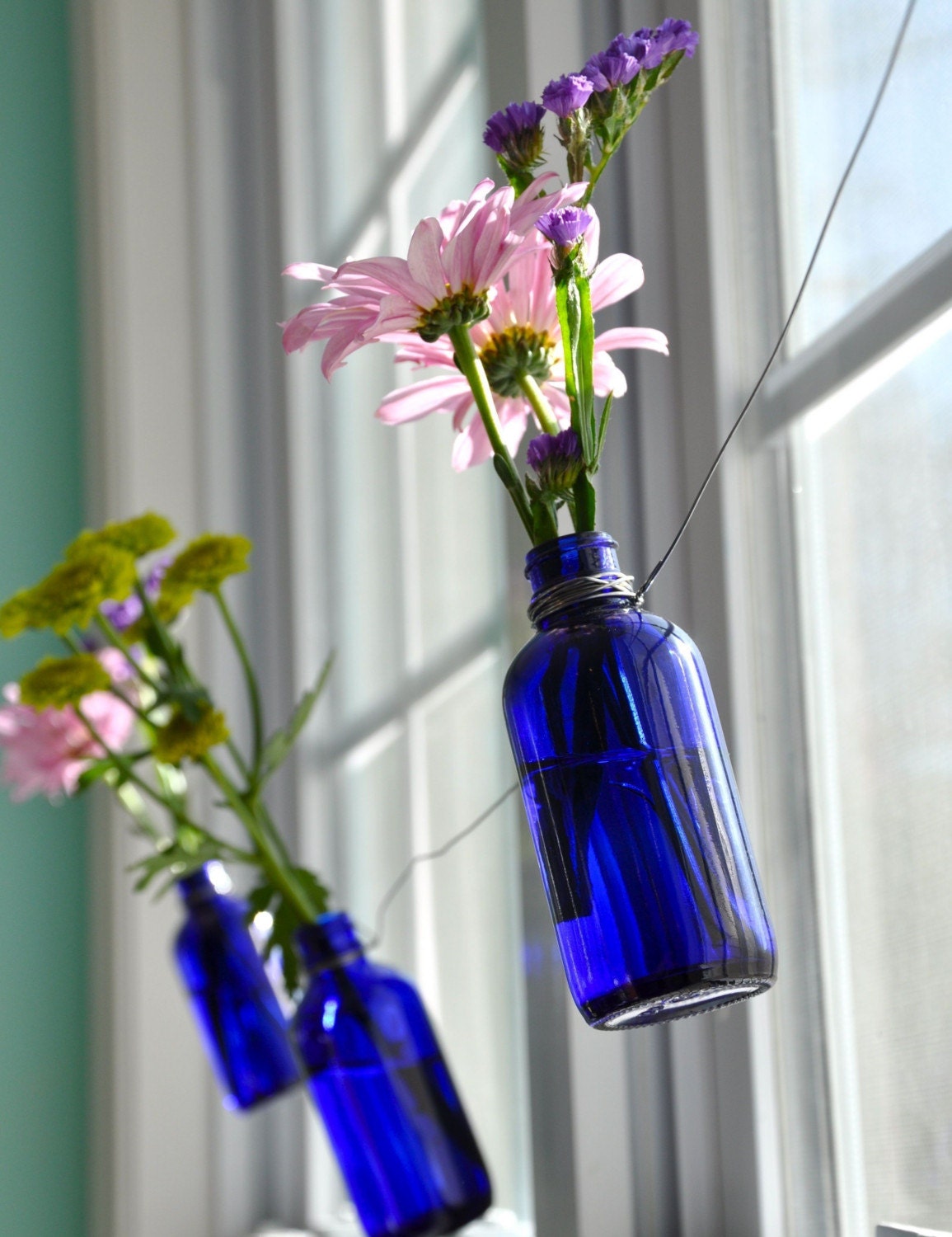 Cobalt blue bottle vase garland -- 3 cobalt blue bottle vases on wire