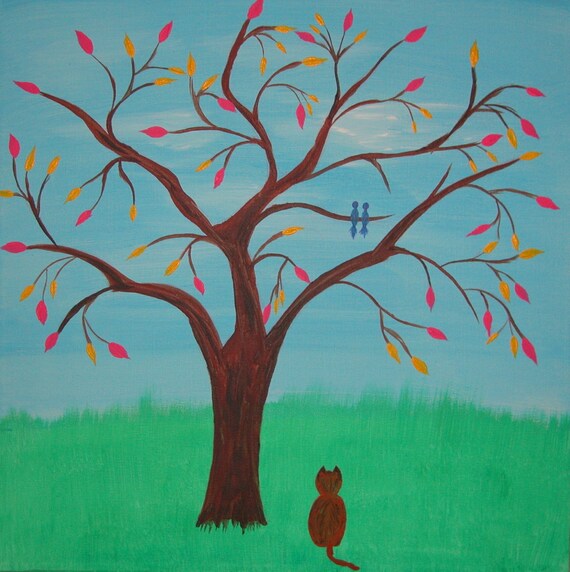 Black Friday Weekend Sale HUGE SALE Orginal Painting on Canvas 18x18 Cat Birds Tree Honest I'm Just Looking 1