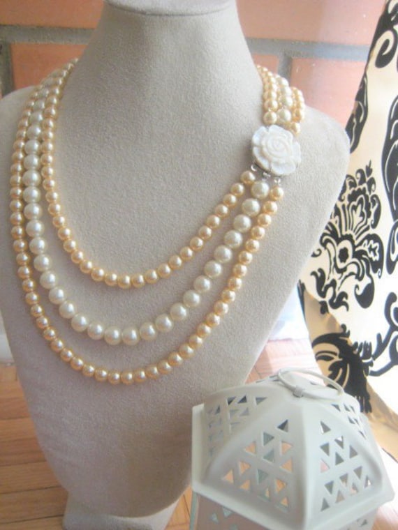 Multi tiered layered glass pearl necklace in GOLD and IVORY