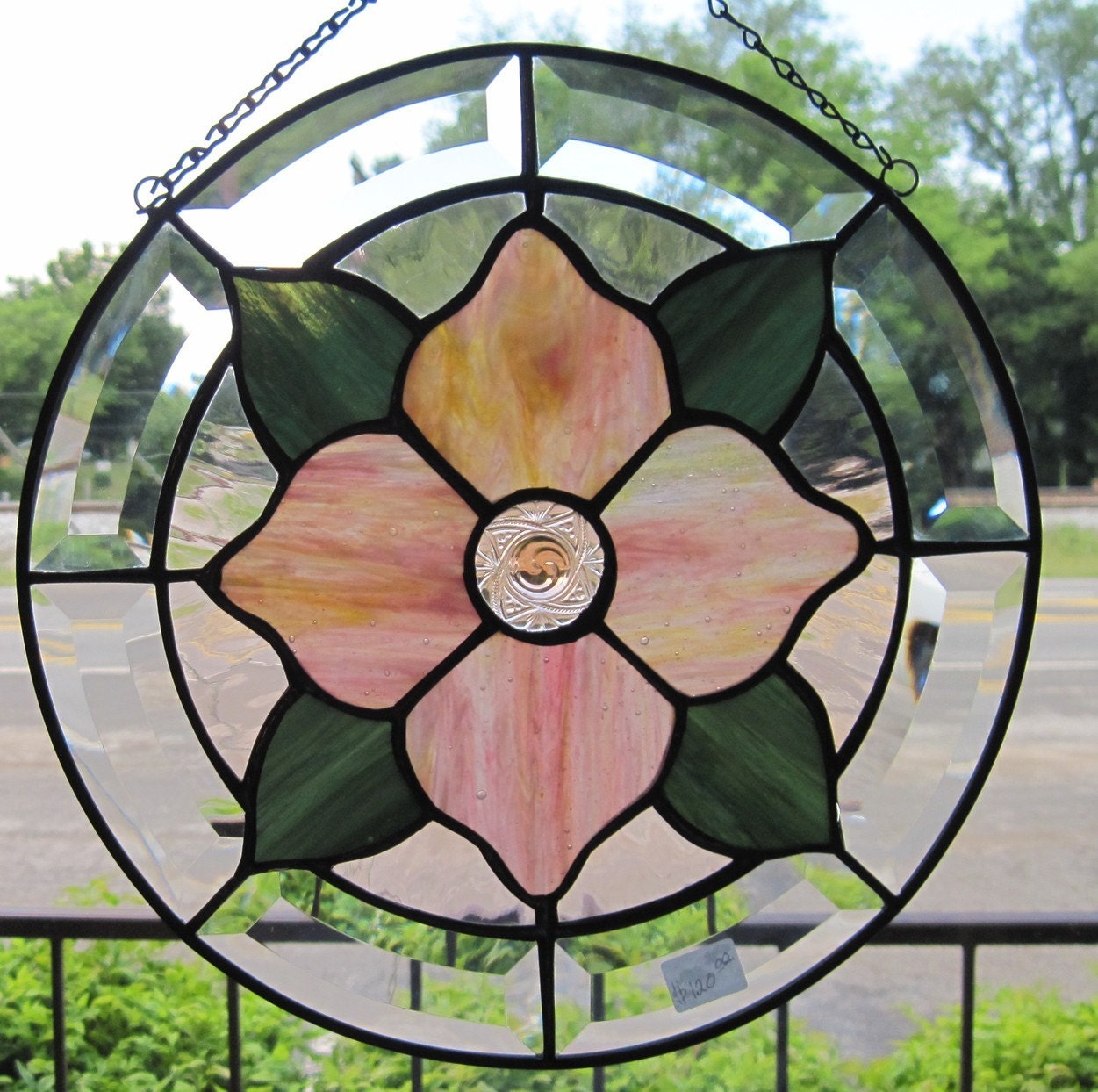 15% OFF Stained Glass Round Panel, Peach Flower, Beveled Border