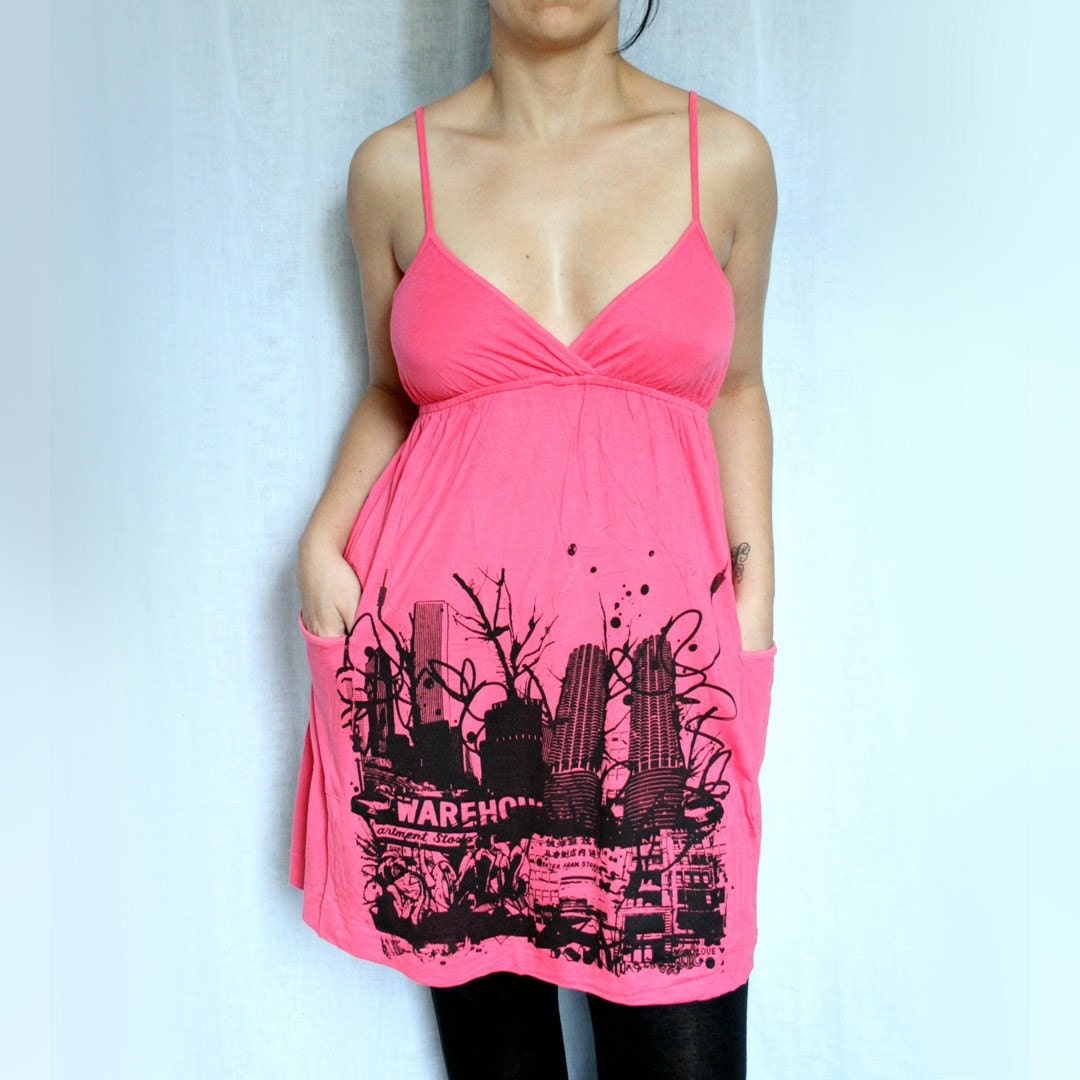 SALE Adorable Pink Dress with Pockets and City Screenprint - Medium