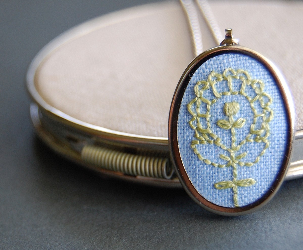 Embroidered Pendant Necklace Apple Green Bloom on Sky Blue Linen