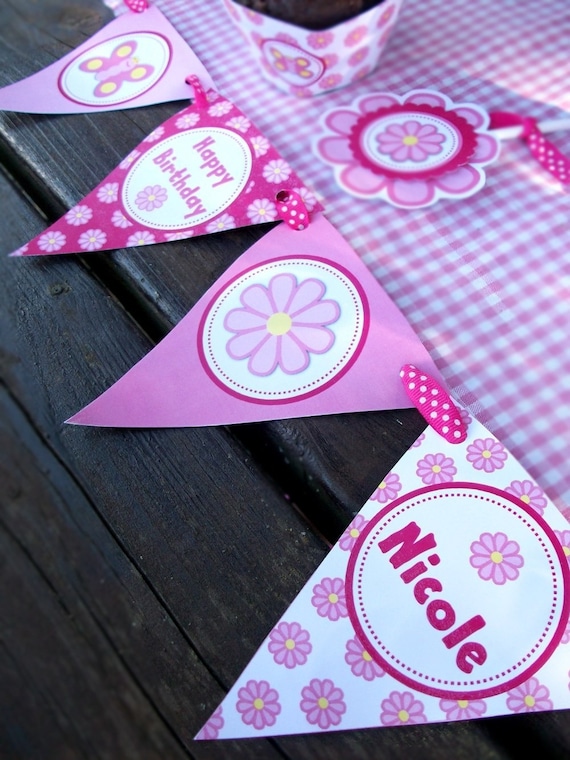 Custom Pink Garden Party Supplies - Personalized with NAME and AGE - Pink Garden Butterfly Party Collection