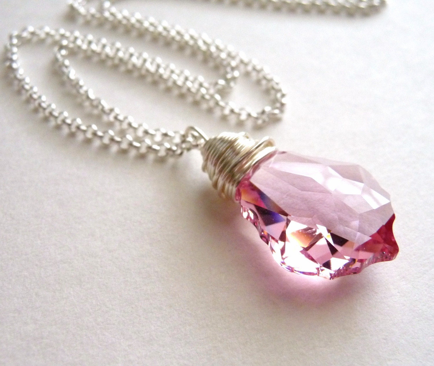 Handmade Necklace - Swarovski Crystal Peony Rose Pink Baroque Wire Wrapped Pendant