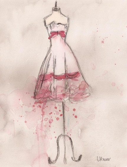 Print - Watercolor and Charcoal Painting - White and Pink Party Dress - 10x13